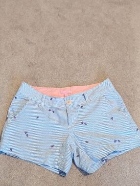 Lilly Pulitzer Blue Stripe Seersucker Cherry-Embroidered Shorts with Pink Lining